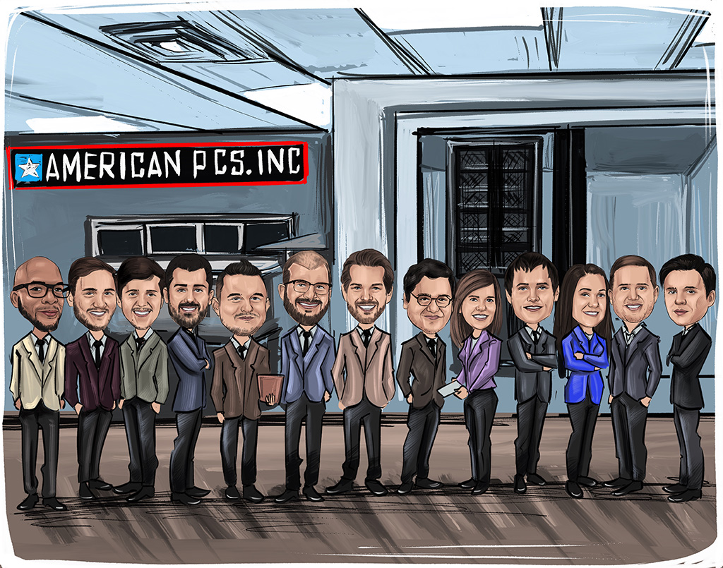 A cartoon stylized illustration of the American PCS Team